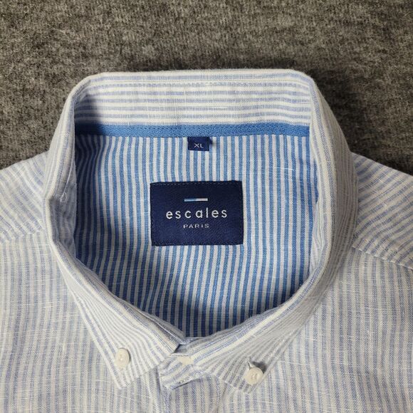 Escales Paris Limited Edition Linen Shirt Mens Size XL Button Up Blue Striped - Picture 3 of 12
